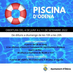 L&#039;Ajuntament d&#039;Òdena obre dilluns 30 de maig el període d&#039;abonaments per a la Piscina Municipal