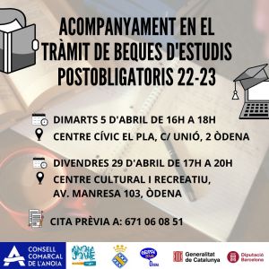 L&#039;àrea de joventut de l&#039;Ajuntament amb l&#039;Oficina Jove de l&#039;Anoia ofereixen un taller d&#039;acompanyament per la tramitació de beques per estudis postobligatoris.